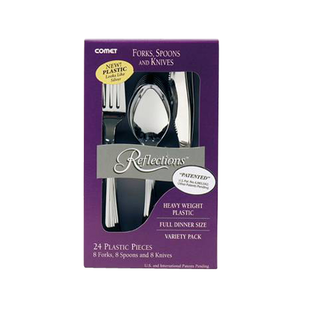 612324 Reflections Boxed Assorted Fork, Knife, Teaspoon Combo Silver Heavy Duty Plastic 24/24