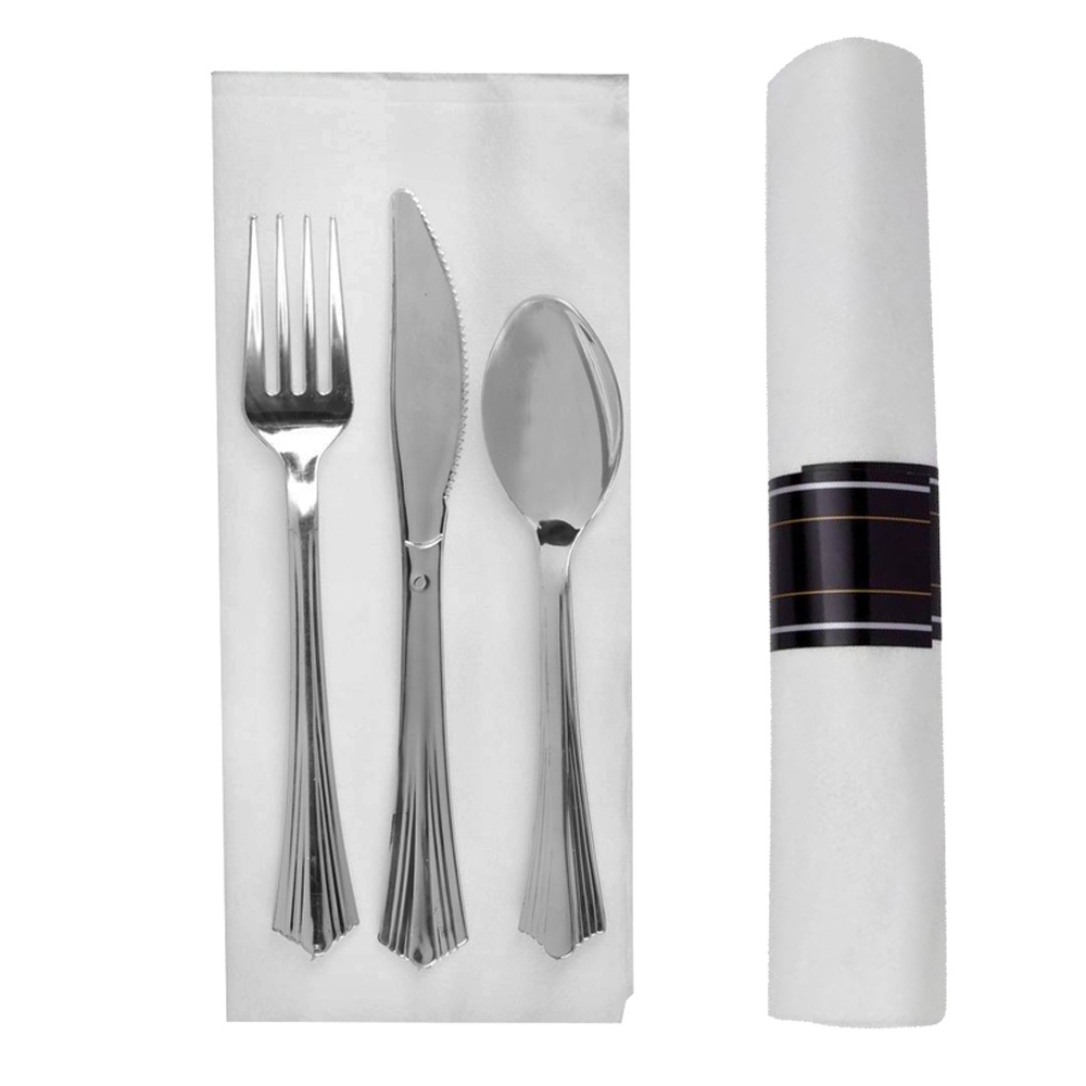 REFROLL3 Reflections Pre-Rolled Assorted Fork, Knife, Spoon & Linen Like Napkin Meal Kit Silver