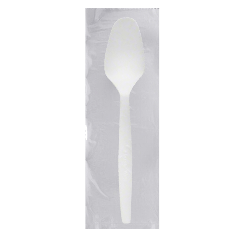 SPOON-WRPW-M White Individually Wrapped Medium Compostable Spoon 25/30 cs