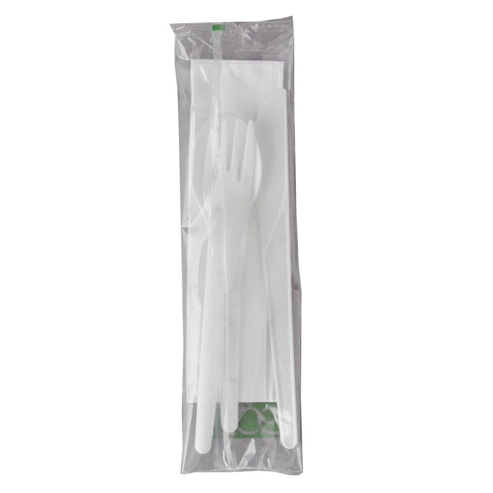 EP-S015 Plantware Wrapped 6" Fork, Knife, Spoon, Napkin Meal Kit White High Heat Compostable 2