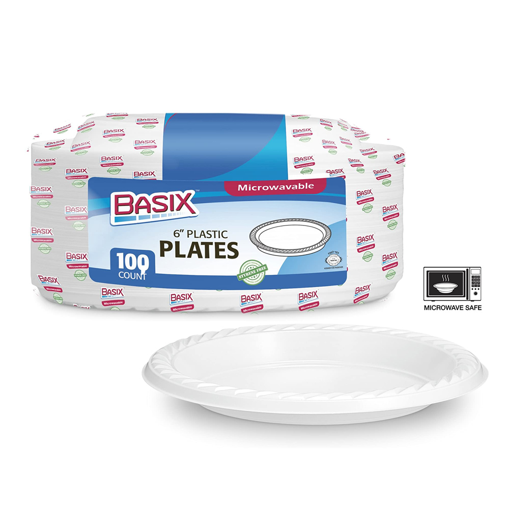 BXP6-100 Basix White 6" Plastic Microwavable Plate 8/100 cs
