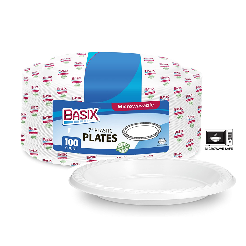 BXP7-100 Basix White 7" Plastic Microwavable      Plate 8/100 cs