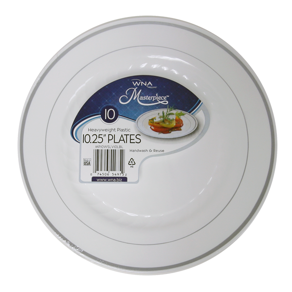 RSMP101210WSLV Masterpiece White 10" Plastic Plate with Silver Trim 12/10 cs