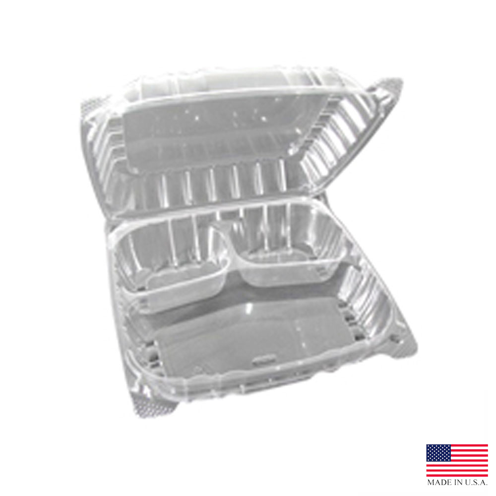 C90PST3 ClearSeal Clear 8"x8"x3" Plastic 3 Compartment Hinged Container 2/125 cs - C90PST3 CLR MED 3CMP HINGD CNT
