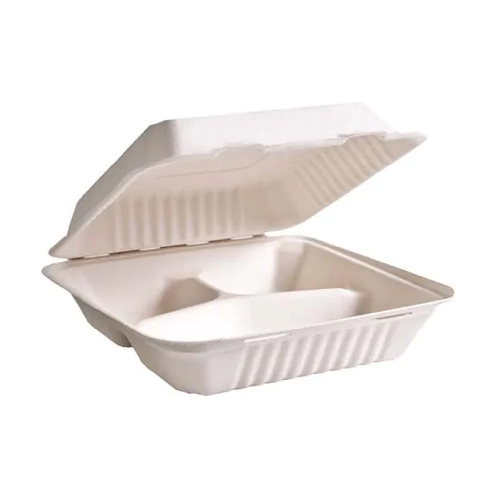 PF-EV-B083 Evolution 8"x8"x3" 3 Compartment Bagasse Hinged Container 300/cs
