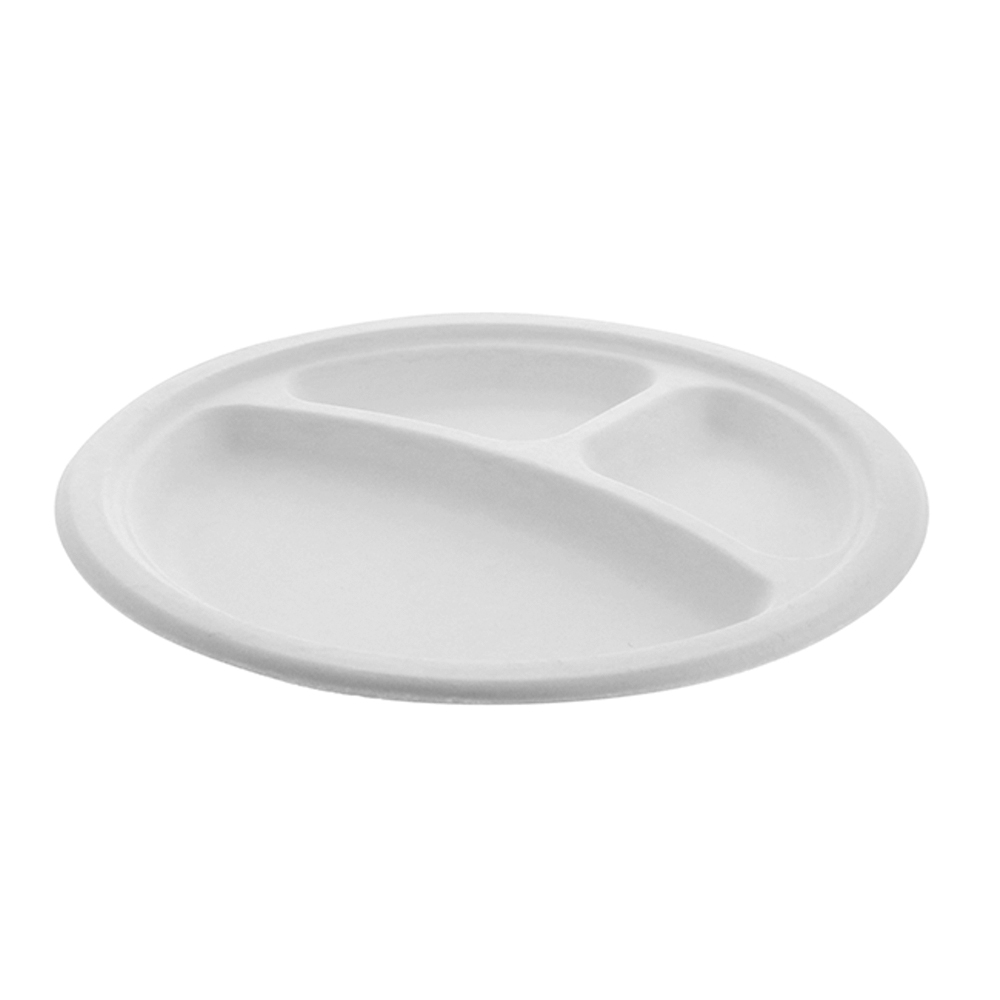YMC50011PFREE White 9" 3 Compartment Fiber Blend Compostable Plate PFAS Free Bulk 500/cs