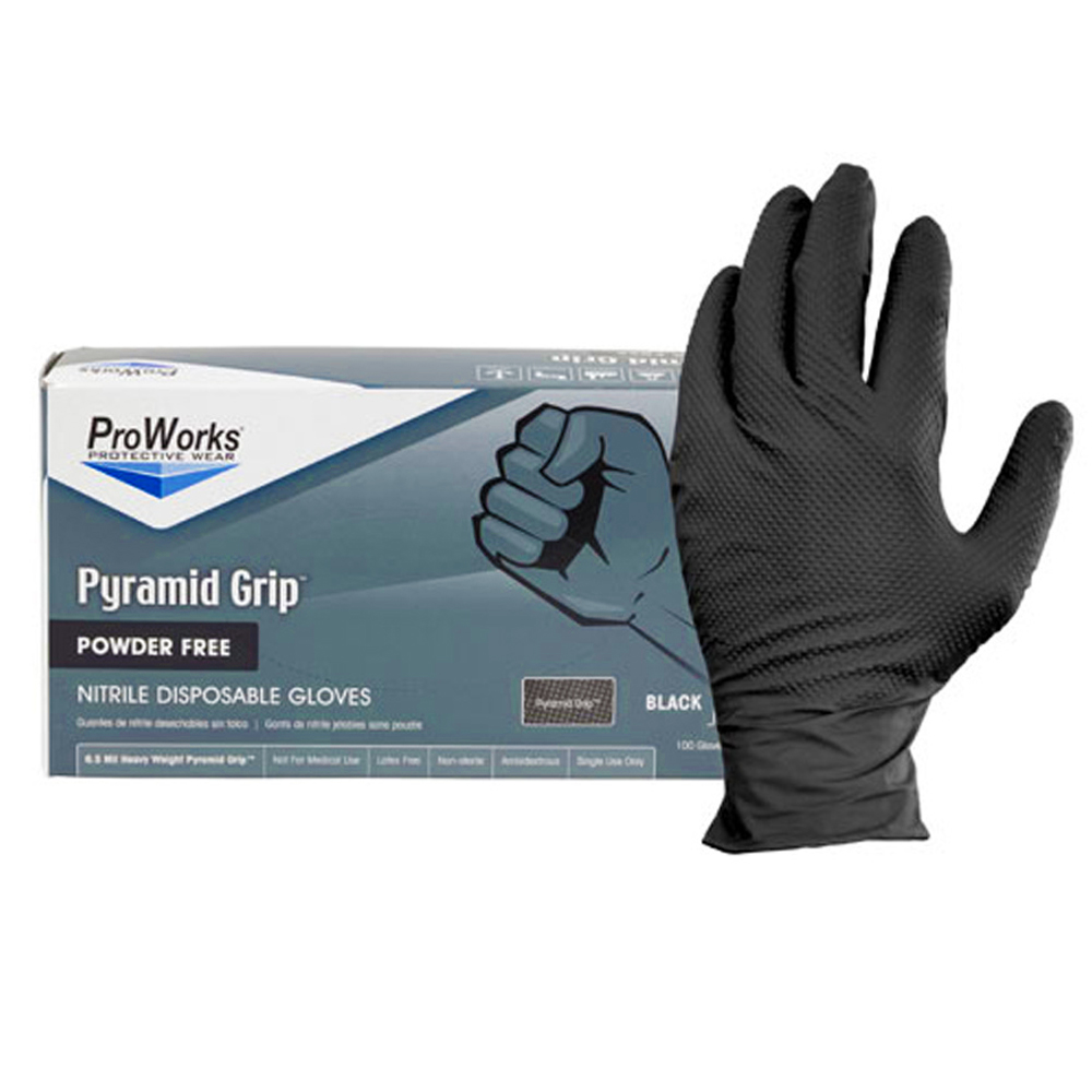 NT107BKFM Pro Works Black Medium Textured Pyramid Grip Nitrile Gloves Powder Free 10/100 cs - NT107BKFM MD BLK TEX PF NIT GL