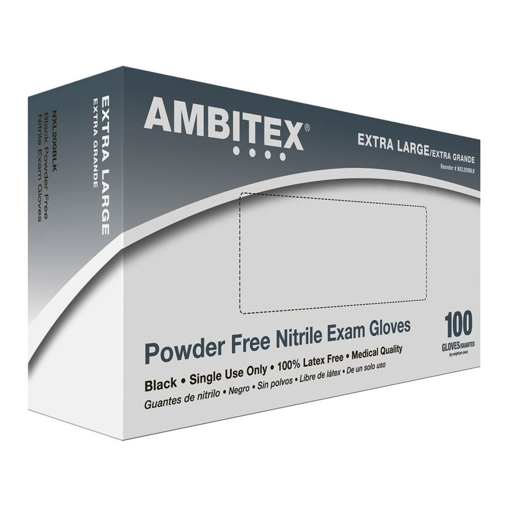 NXL200BLK Ambitex Black Extra Large Nitrile Gloves  Powder Free 10/100 cs