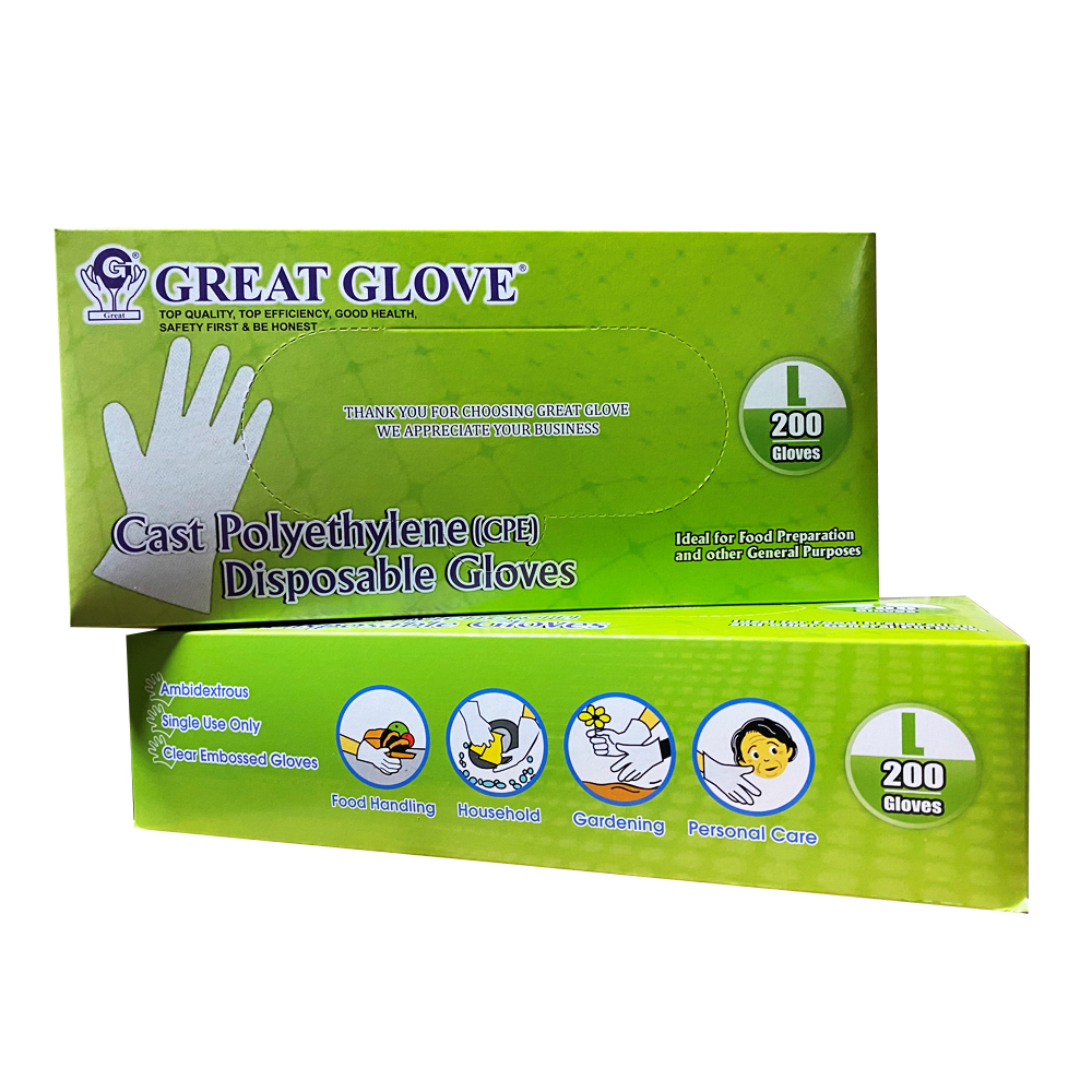 CPE200-L Great Love Clear Large Embossed Cast Poly Gloves 10/200 cs