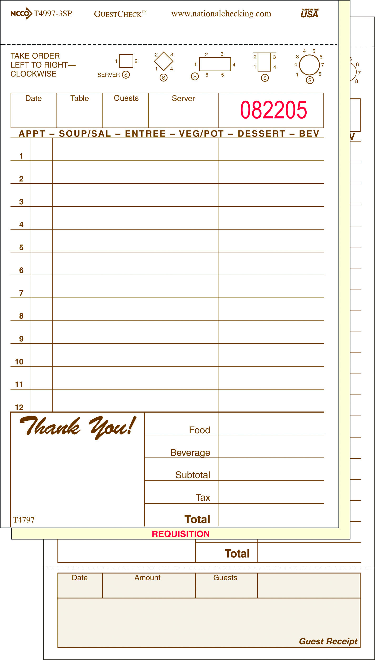 T4997-3SP Tan 3 Part  15 Line No Carbon Paper Guest Checks 8/250 cs - T4997-3SP GUES/CK NCAR 3TAN 15