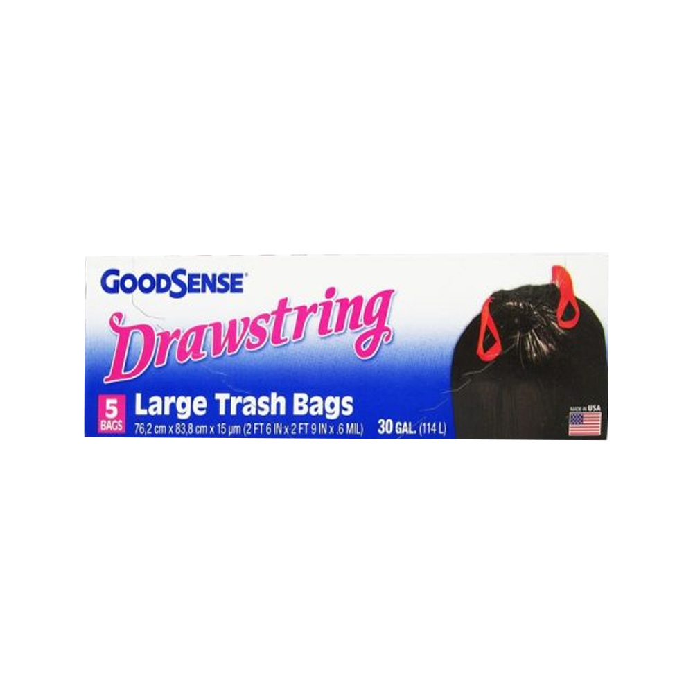 GDS24DT5 GoodSense 2'x2' 9" Trash Bag 30 Gal. Black Plastic Drawstring 24/5 cs