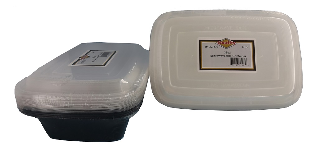 1259A/6 Black/White 38 oz. Rectangular Plastic Microwavable Container and Lid Combo 36/6 cs