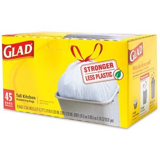 78362 Glad 2' x 2' 3/8" 1.95 Mil Tall Kitchen Bag 13 Gal. White Plastic Drawstring 6/45 cs - 78362 GLAD WHT 13GL STRING BAG