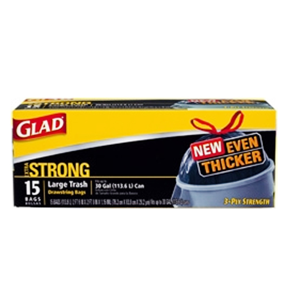 70022 Glad Trash Bag 30 Gal. Black Plastic        Drawstring 12/15 CS