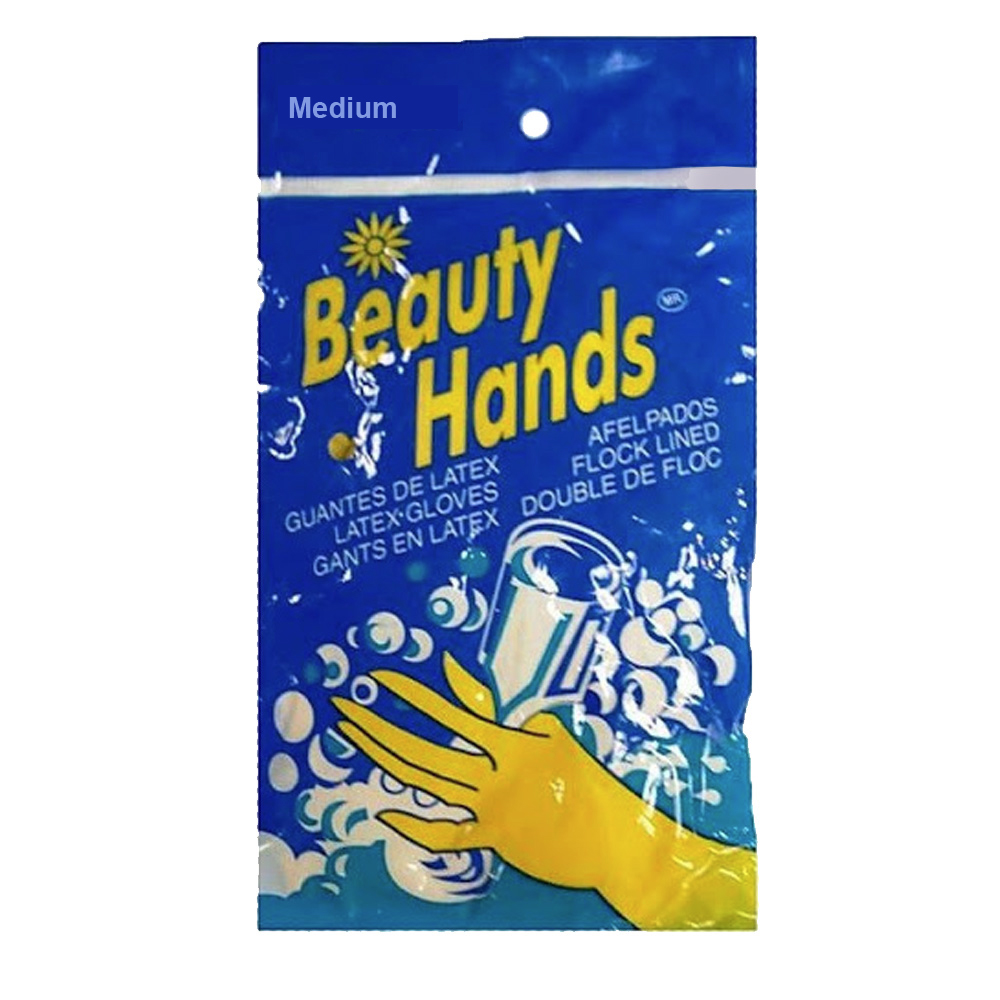 HL-100-M Beauty Hands Yellow Medium Latex Flocked Lined Gloves 12/cs