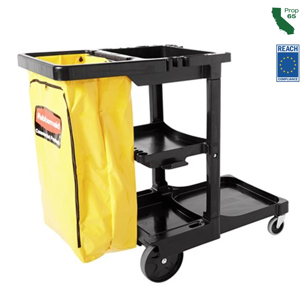 FG617388BLA Executive Series Black Cleaning Cart with Yellow Zippered Vinyl Bag 1 ea.