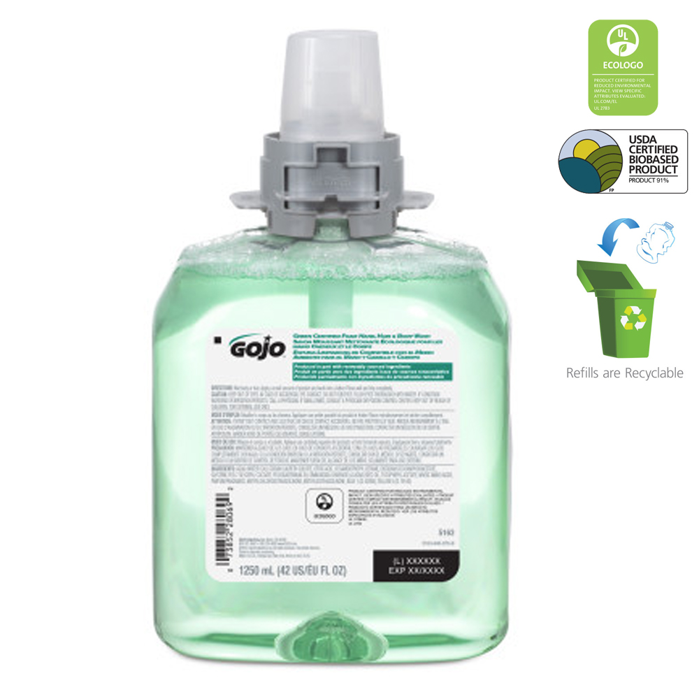 5163-04 Green 1250 ml FMX12 Green Certified Foam Hand, Hair, Bodywash  Refill 4/cs