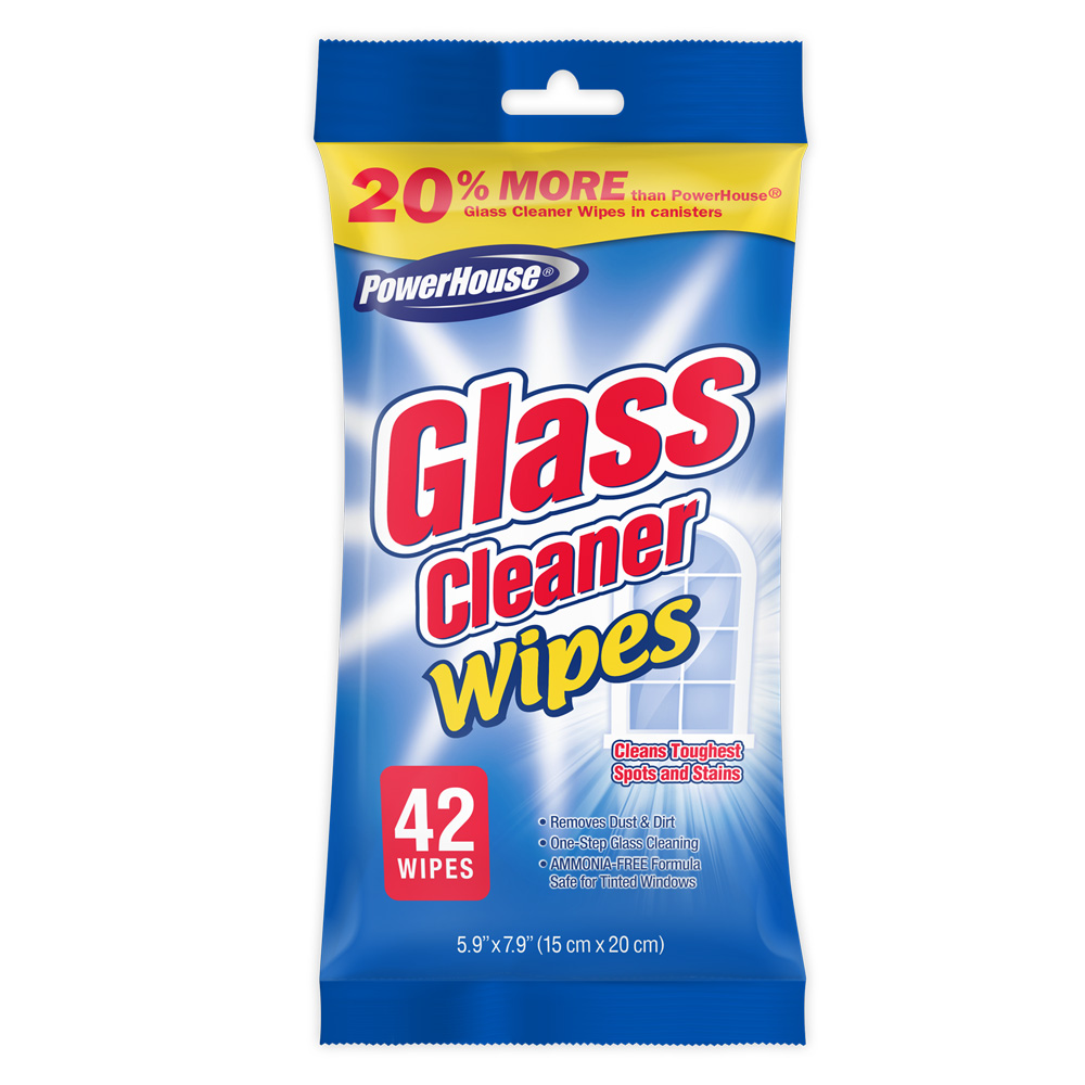 94069-16 Power House 5.9"x7.9" Glass Cleaner Wipe 42 ct 16/42 cs - 94069-16 GLASS CLNR WIPES 42ct