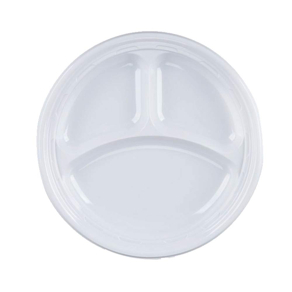 9CPWF White 9" 3 Compartment Impact Polystyrene   Plate 4/125 cs