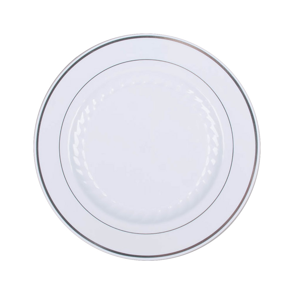 MP10WSLVR Masterpiece White 10.25" Plastic Plate with Silver Trim 10/12 cs