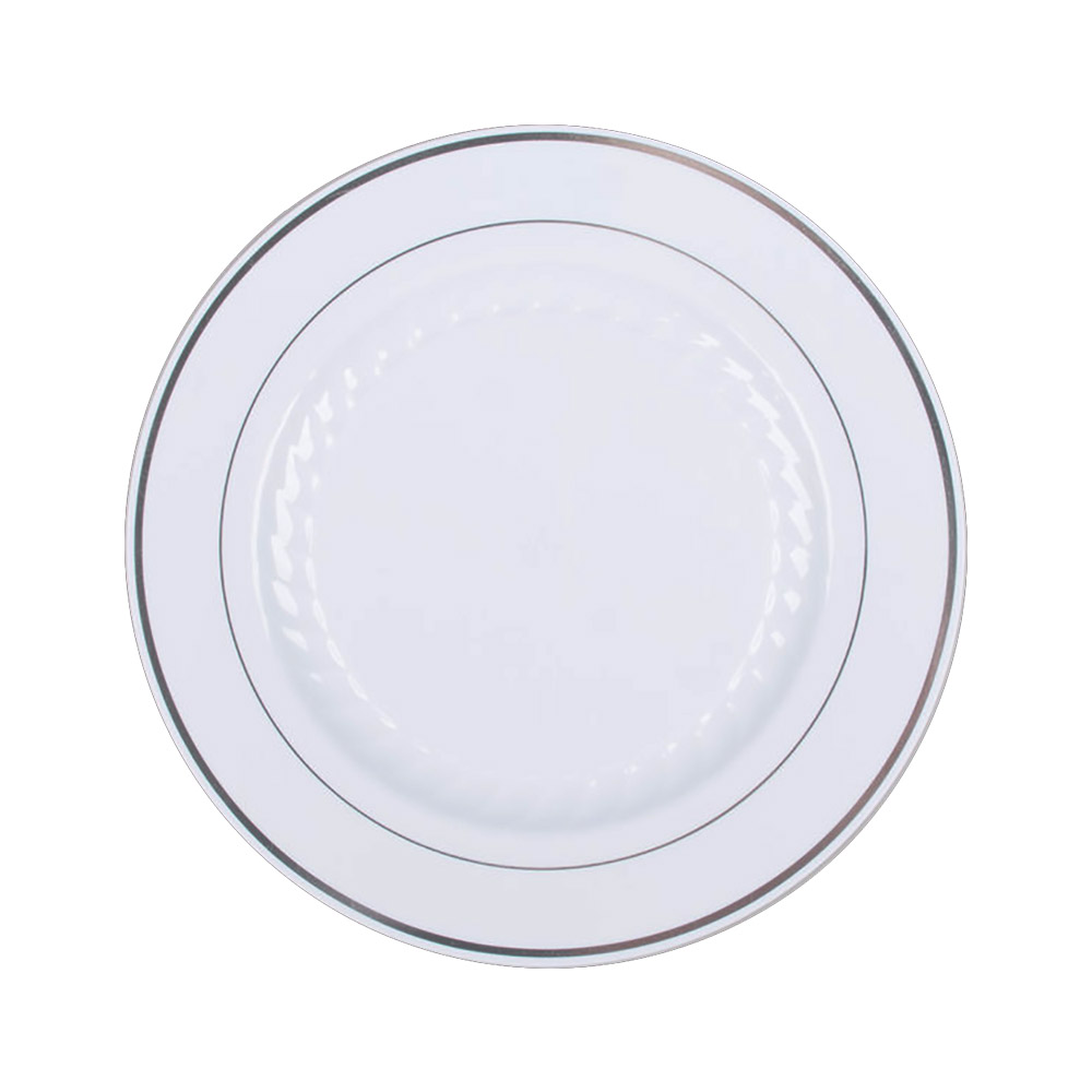 MP10WSLVR Masterpiece White 10.25" Plastic Plate w/Silver Trim 10/12 cs - MP10WSLVR 10.25 SILVER RIM PLT