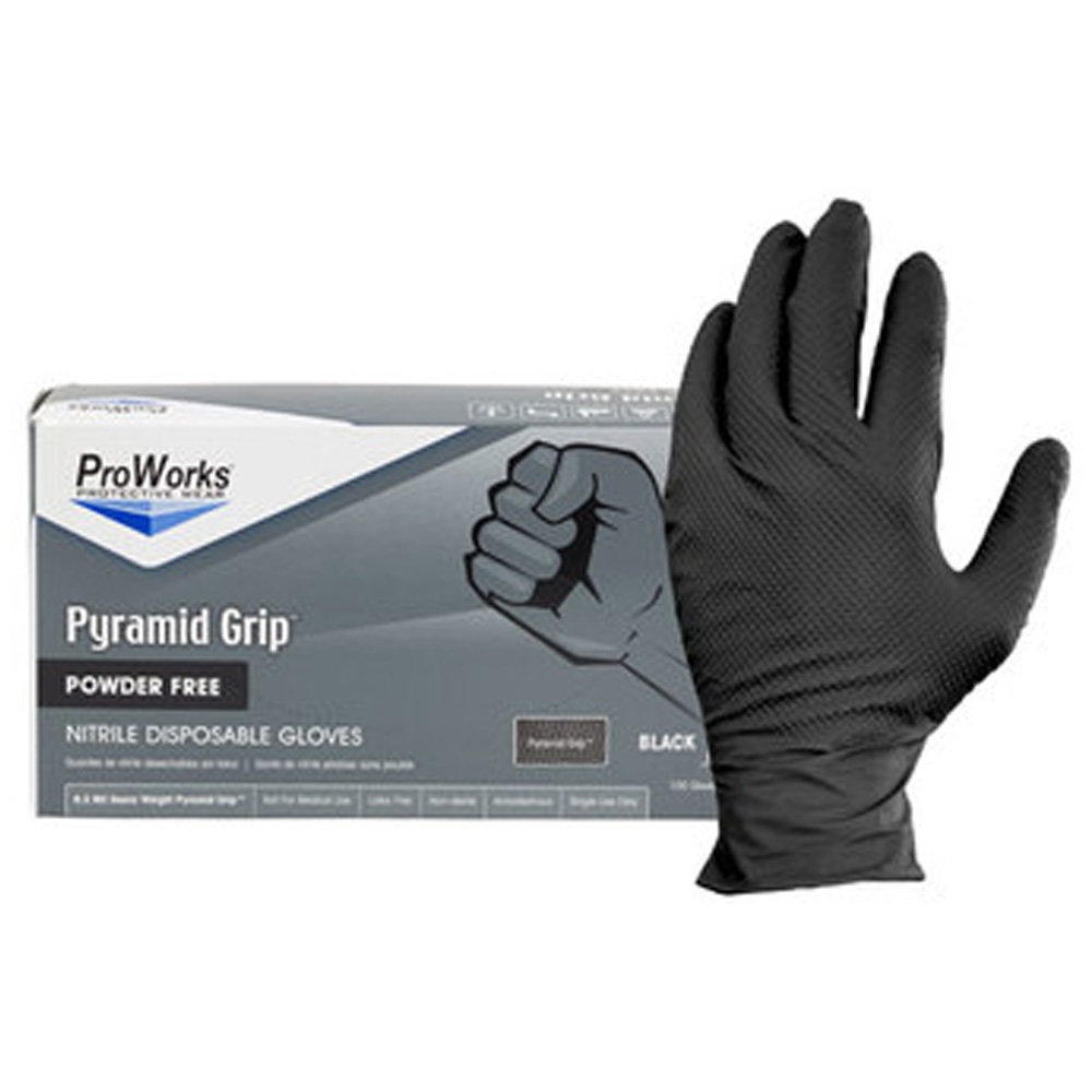 GL-NT107BKFX Pro Works Black Extra Large Textured Pyramid Grip Nitrile Gloves Powder Free 10/10