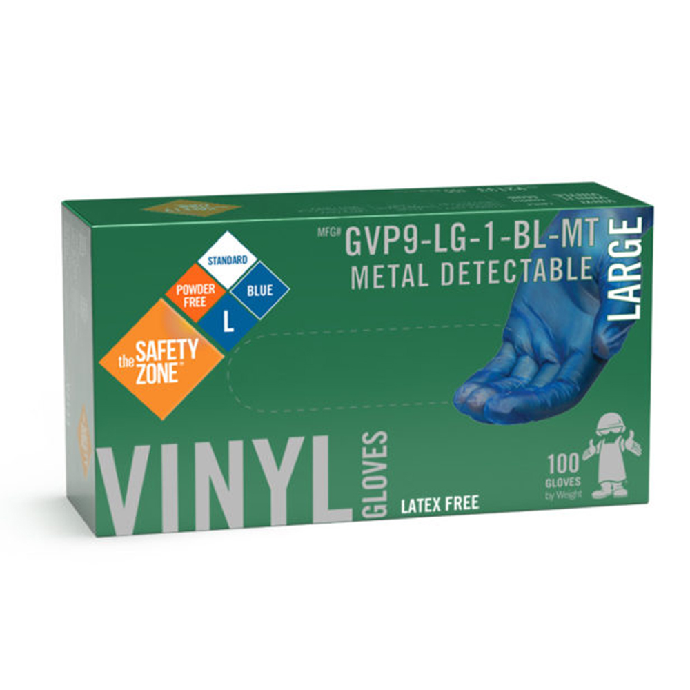 GVP9MD1BLMT Safety Zone Blue Medium Metal Detectable Vinyl Gloves Powder Free 10/100 c