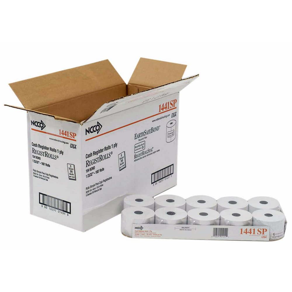 1441SP White 1 ply 44mm width Bond Register Roll 5/10 cs